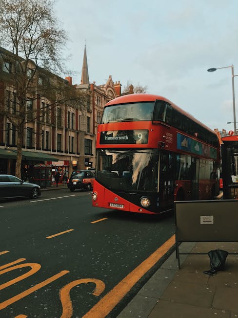 A red double-decker bus displaying route number 9 and the destination 'Hammersmith' is positioned in the foreground on a city street, with its front facing slightly to the right. The bus features a black lower section and a sleek, curved windshield, with a glossy finish reflecting nearby trees and buildings. To the left of the bus, a black car is visible, and further along the street, other vehicles are parked or moving. In the background, historic brick buildings with large windows line the street, and a tall church steeple rises above the trees and rooftops, indicating an urban area with mixed architectural styles. The scene is illuminated by natural daylight under a partly cloudy sky, creating a neutral and professional atmosphere. On the right side of the image, part of a grey media or informational sign is visible, and a black backpack rests on the pavement near a bench. The environment suggests a typical city street where independent rubbish removal services, like those from Waste Removal Hammersmith, might handle waste collection or clearance activities, especially in commercial or residential zones with busy transport links.